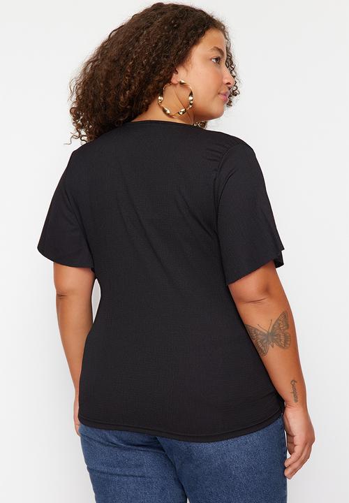 Trendyol - Plus double-breasted tie-detail knit blouse - black
