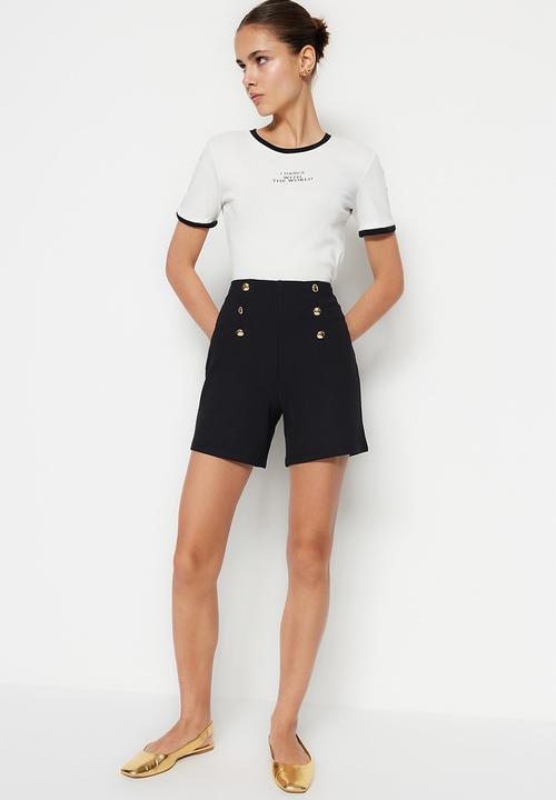Trendyol - Gold Button Detail High-Waist Knit Shorts - Black