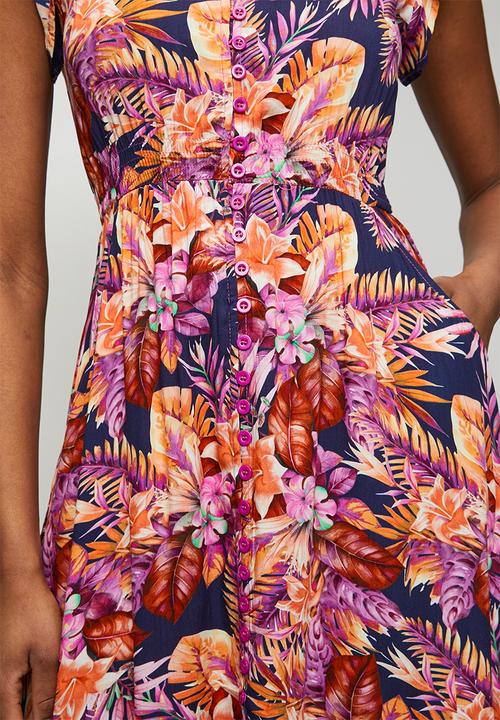 Izabel London - Cap Sleeve With Flutter V-Neck Button Through Midi Dress Printed - Multi