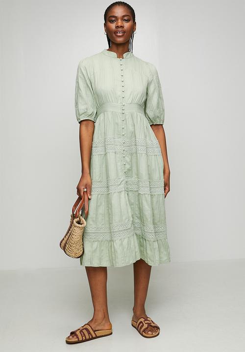 Izabel London - Half Sleeve With Elastic Button Through Tiered Maxi Dress With Lace At Each Tier - Sage