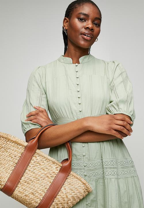 Izabel London - Half Sleeve With Elastic Button Through Tiered Maxi Dress With Lace At Each Tier - Sage
