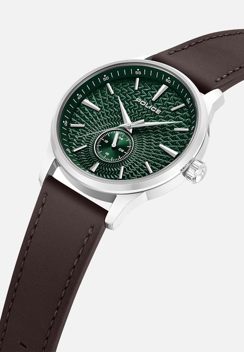 Police - Steel Case Green Dial Brown Leather Strap - Green & Brown