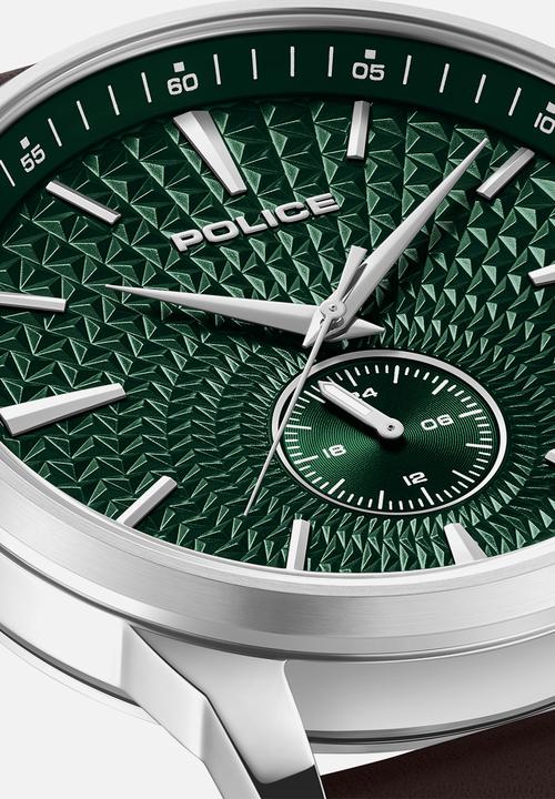 Police - Steel Case Green Dial Brown Leather Strap - Green & Brown