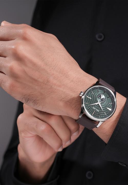 Police - Steel Case Green Dial Brown Leather Strap - Green & Brown