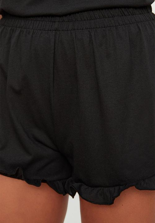 Trendyol - Ruffled shorts knit pajama set - black