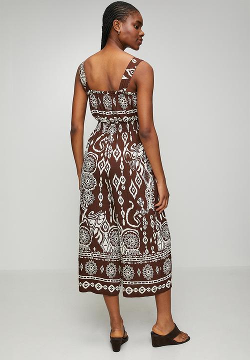 MANDI - Sleeveless Waist Elastic Ankle Length Printed Jumpsuit - Brown