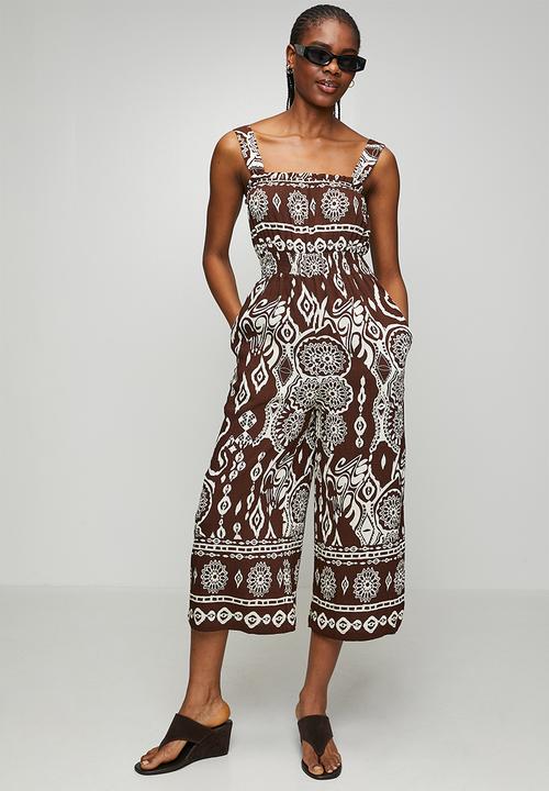 MANDI - Sleeveless Waist Elastic Ankle Length Printed Jumpsuit - Brown
