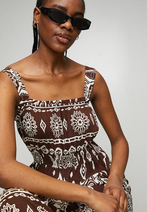 MANDI - Sleeveless Waist Elastic Ankle Length Printed Jumpsuit - Brown
