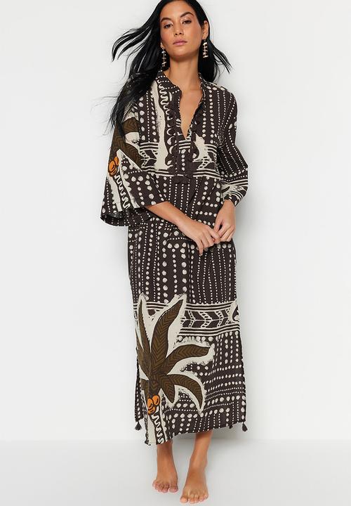 Trendyol - Tropical print maxi tasselled cotton kimono / kaftan - brown–multicolor