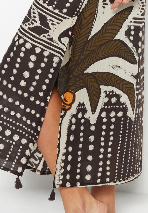 Trendyol - Tropical print maxi tasselled cotton kimono / kaftan - brown–multicolor