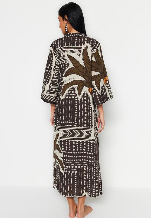Trendyol - Tropical print maxi tasselled cotton kimono / kaftan - brown–multicolor
