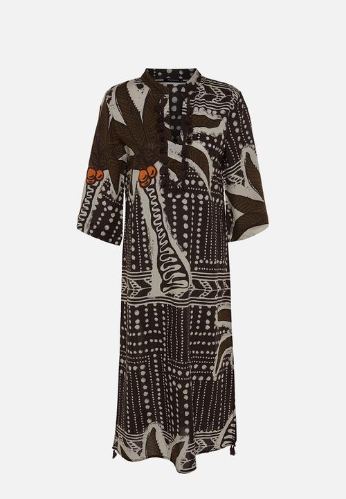 Trendyol - Tropical print maxi tasselled cotton kimono / kaftan - brown–multicolor