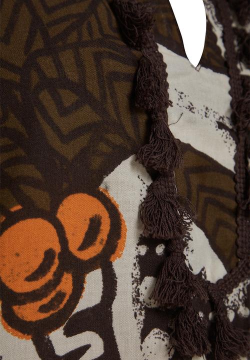 Trendyol - Tropical print maxi tasselled cotton kimono / kaftan - brown–multicolor