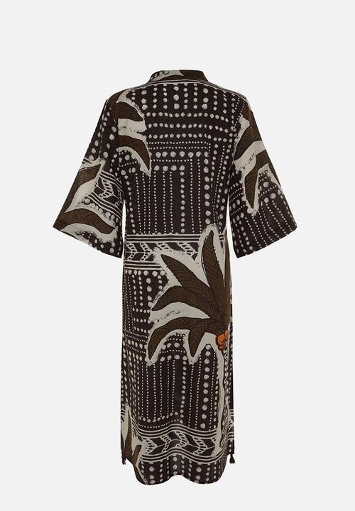 Trendyol - Tropical print maxi tasselled cotton kimono / kaftan - brown–multicolor