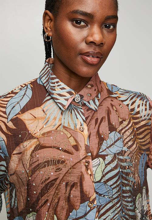 MANDI - Button Through Collared Printed Sheer Blouse With Embelishment - Chocolate
