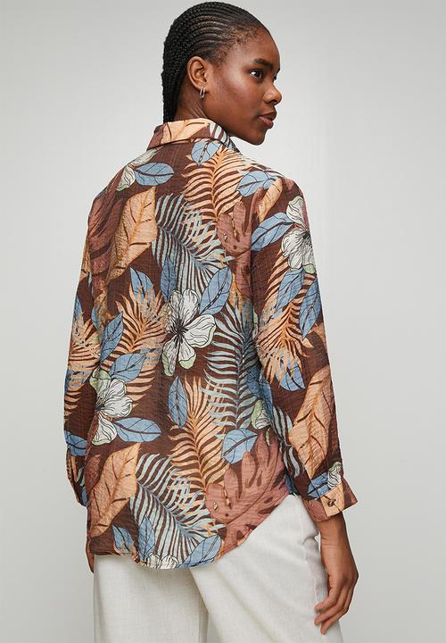 MANDI - Button Through Collared Printed Sheer Blouse With Embelishment - Chocolate