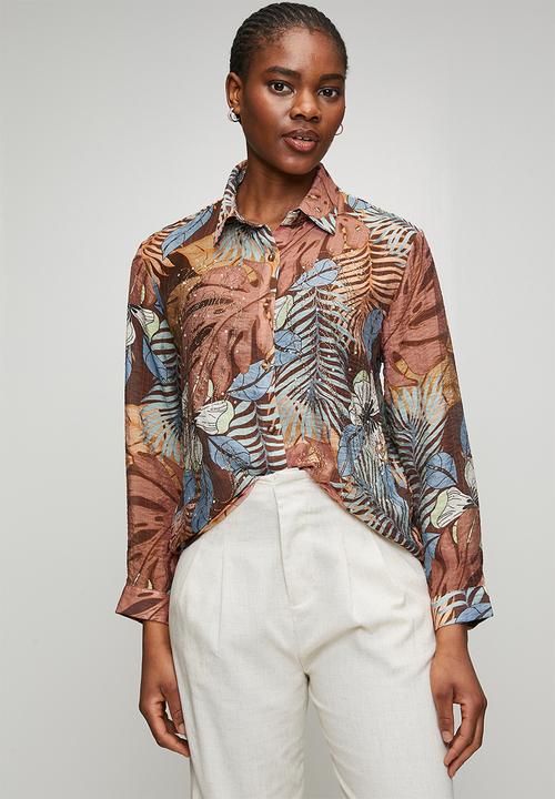 MANDI - Button Through Collared Printed Sheer Blouse With Embelishment - Chocolate