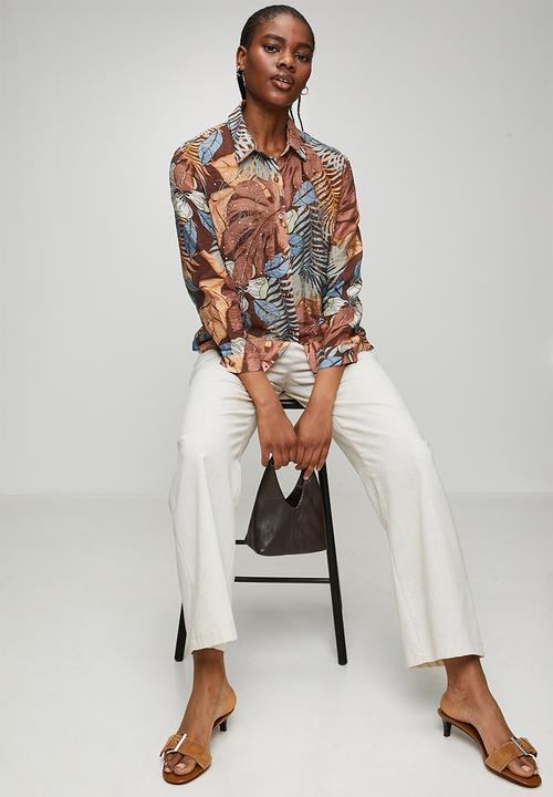 MANDI - Button Through Collared Printed Sheer Blouse With Embelishment - Chocolate