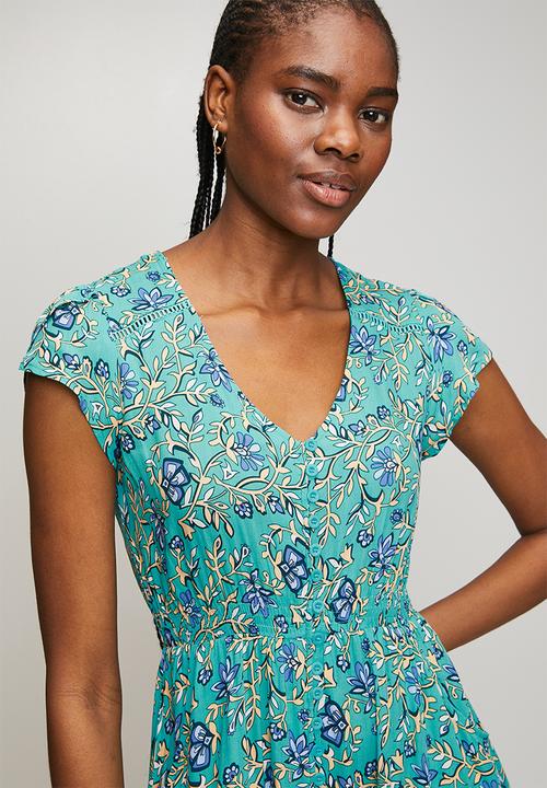 MANDI - Cap Sleeve With Flutter V-Neck Button Through Midi Dress Printed - Blue