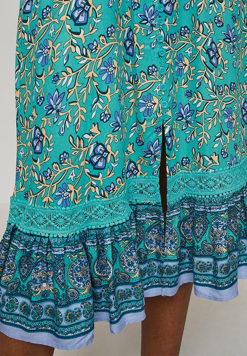 MANDI - Cap Sleeve With Flutter V-Neck Button Through Midi Dress Printed - Blue