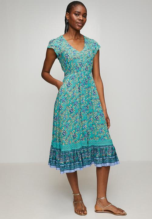 MANDI - Cap Sleeve With Flutter V-Neck Button Through Midi Dress Printed - Blue
