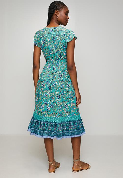 MANDI - Cap Sleeve With Flutter V-Neck Button Through Midi Dress Printed - Blue