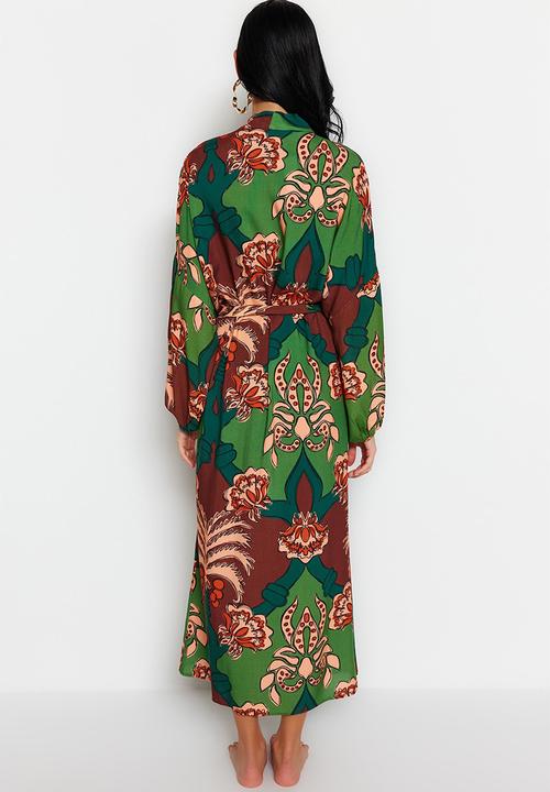 Trendyol - Tropical pattern cotton maxi belted kimono / kaftan - brown–multicolor
