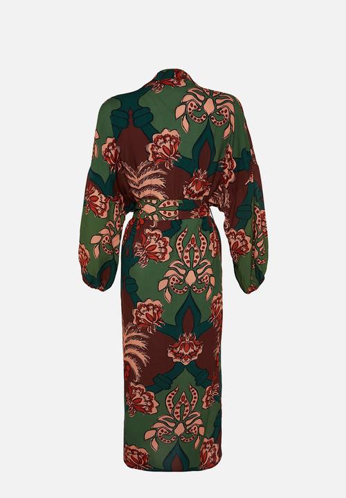 Trendyol - Tropical pattern cotton maxi belted kimono / kaftan - brown–multicolor