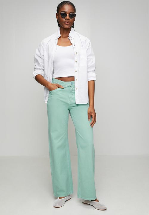 MANDI - Mid Waist Wide Leg 5 Pocket Overdye Denim Jean - Mint