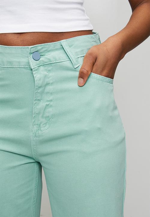 MANDI - Mid Waist Wide Leg 5 Pocket Overdye Denim Jean - Mint
