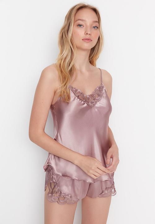 Trendyol - Lace spaghetti strap satin woven pajama set with shorts - taupe