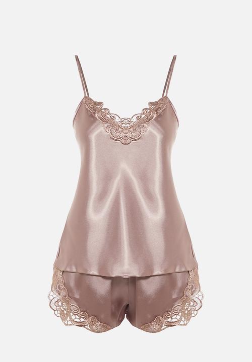 Trendyol - Lace spaghetti strap satin woven pajama set with shorts - taupe