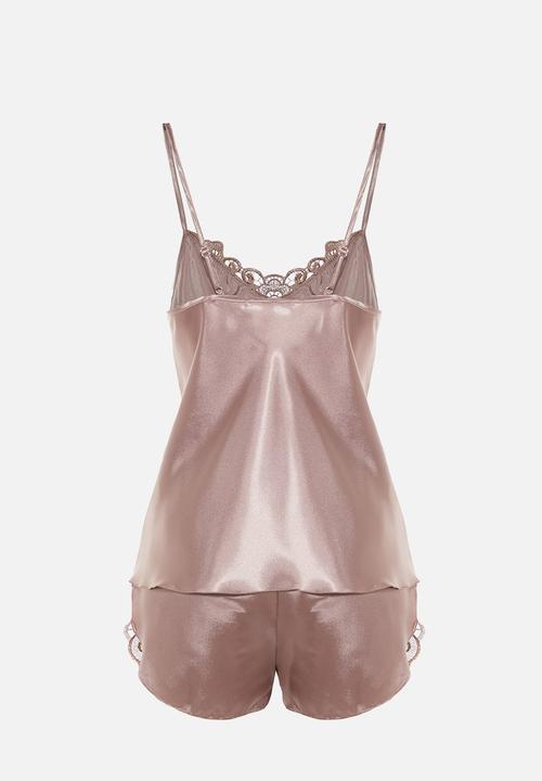 Trendyol - Lace spaghetti strap satin woven pajama set with shorts - taupe