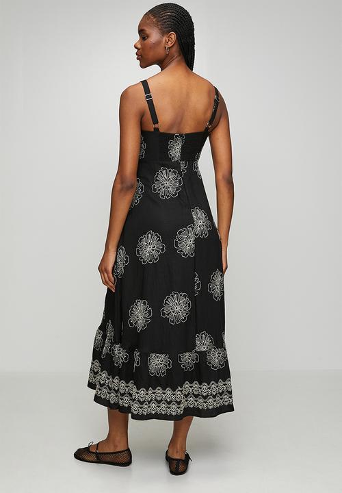 MANDI - Strappy A-Line Waisted Maxi Dress With All Over Embroidery - Black
