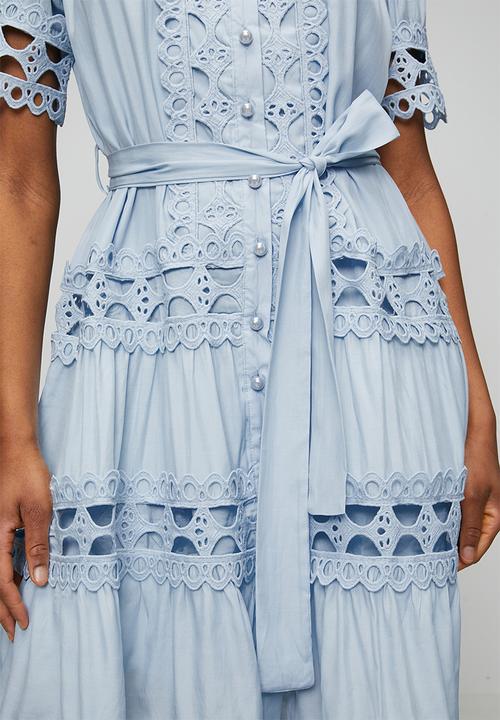 Stella Morgan - Half Sleeve Button Through Midi Dress With Lace Trim Detail On Sleeve And Hem, With Tie Belt - Blue