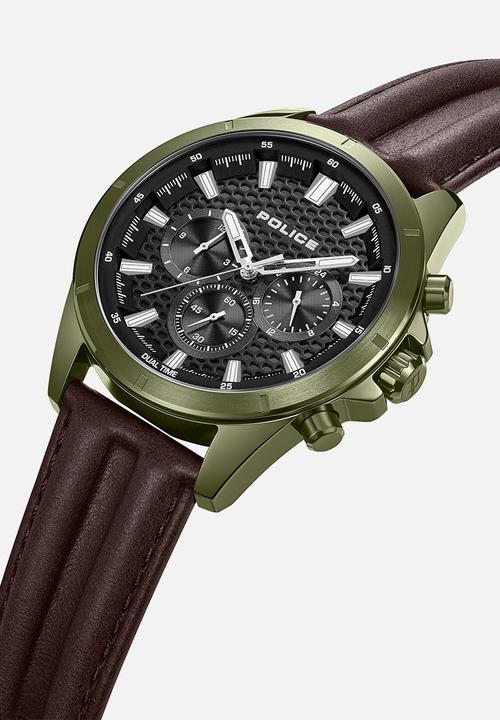 Police - IP Green Case Grey Dial Brown Leather Strap - Green & Brown