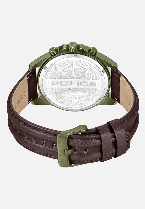 Police - IP Green Case Grey Dial Brown Leather Strap - Green & Brown