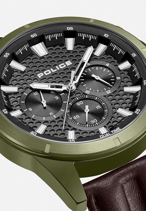 Police - IP Green Case Grey Dial Brown Leather Strap - Green & Brown
