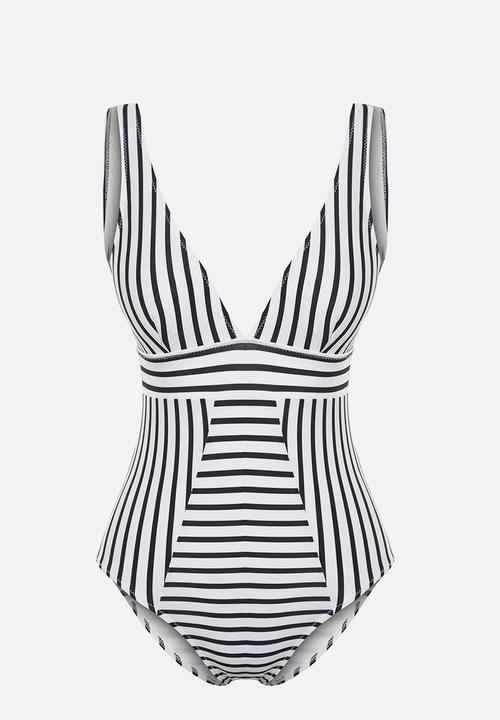 Trendyol - Thinning effect v-neck swimsuit - black and white