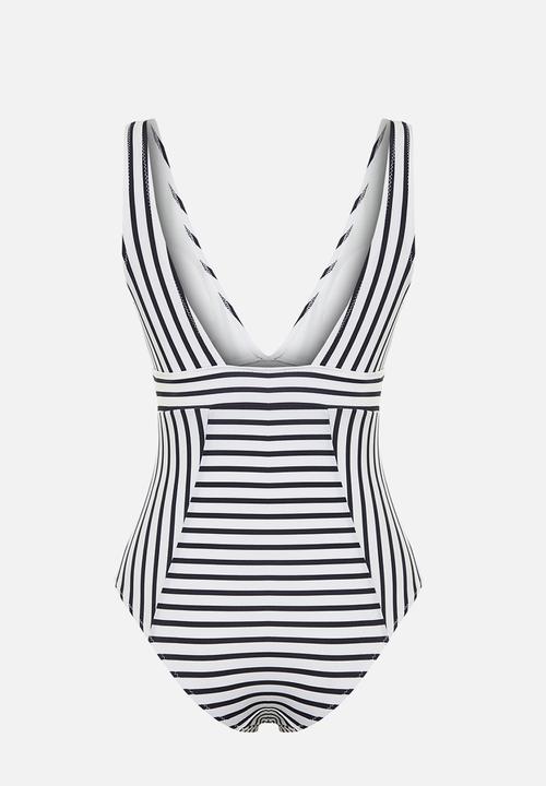 Trendyol - Thinning effect v-neck swimsuit - black and white