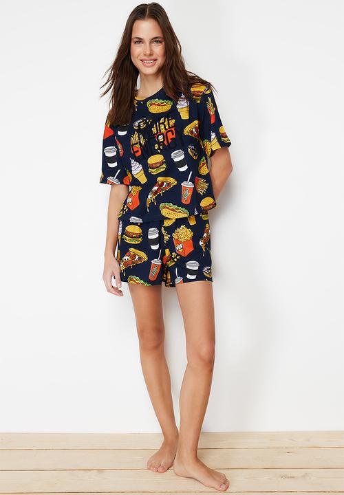 Trendyol - Cotton slogan embroidered shorts pajama set - navy blue-multicolor