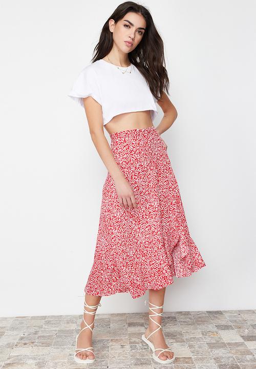 Trendyol - Printed High-Waist Flounce Skirt - Red