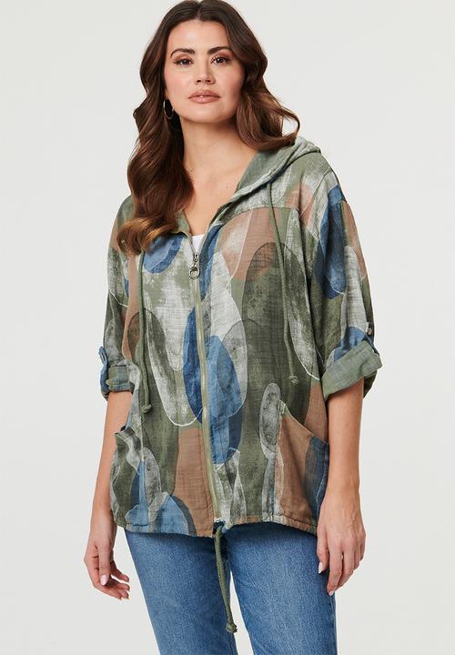 Izabel London - Long Sleeve Zip Through With Hood Track Top - Khaki