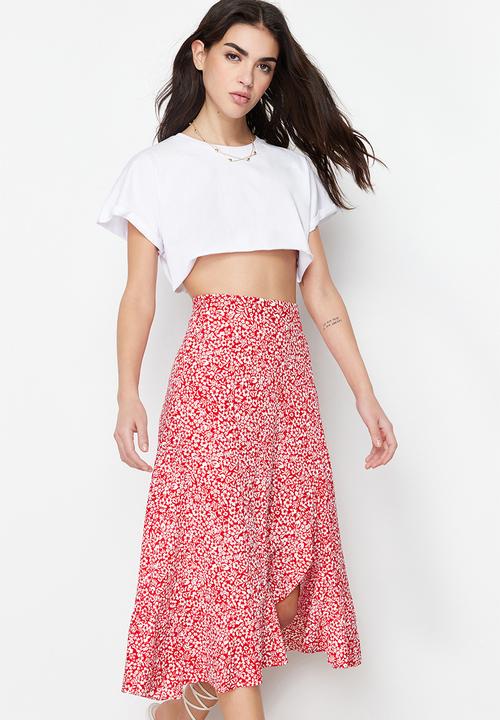 Trendyol - Printed High-Waist Flounce Skirt - Red