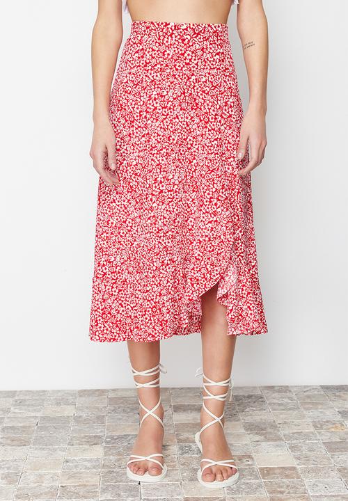 Trendyol - Printed High-Waist Flounce Skirt - Red