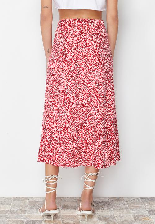 Trendyol - Printed High-Waist Flounce Skirt - Red