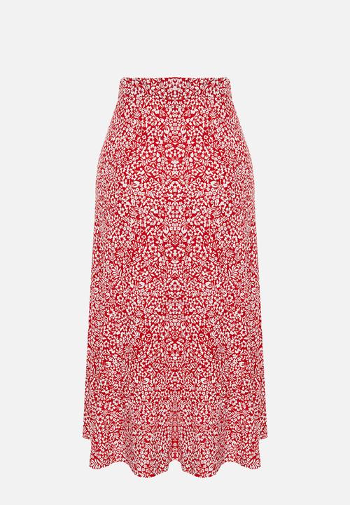 Trendyol - Printed High-Waist Flounce Skirt - Red