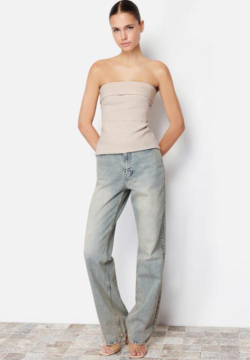 Trendyol - Strapless Draped Blouse - Mink