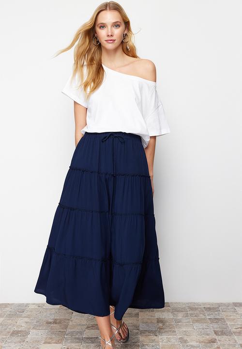 Trendyol - Flared Maxi Skirt with Gathered Waist Detail - Navy Blue