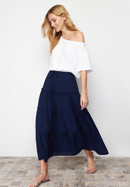 Trendyol - Flared Maxi Skirt with Gathered Waist Detail - Navy Blue